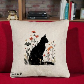 Perna Decorativa Pisica Neagra Profil Flori Portocalii, 40x40 cm, Bej Canapea, Husa Detasabila, Perna Inclusa, BEKZ®