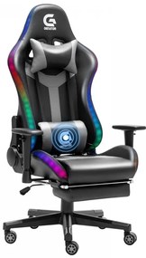 RESIGILAT- Scaun gaming, sistem iluminare bandă LED RGB, boxe bluetooth, masaj în perna lombara, funcție șezlong, 90-180 grade, suport picioare, SIG GS 024, Negru/Gri