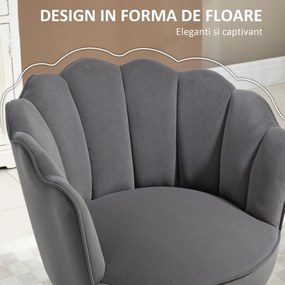 Fotoliu captusit HOMCOM cu spatar tip scoica si picioare din lemn, 66x66x78.5cm, Gri inchis | Aosom Romania