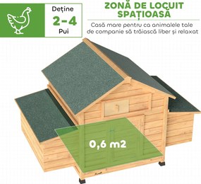 PawHut Coteț din Lemn cu 2 Căsuțe, Coteț pentru Găini de Exterior cu Acoperiș Impermeabil, Tavă Detașabilă și Bare, Adăpost pentru 2-4 Găini, Rațe, Grădină, 150x100x96,5 cm, Galben | Aosom Romania