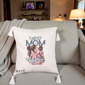 Cadou pentru Mama - Perna Personalizata Super Mom Mama cu Bebelusul, 40x40 cm, Bej cu Franjuri, Husa Detasabila, Perna Inclusa, BEKZ®
