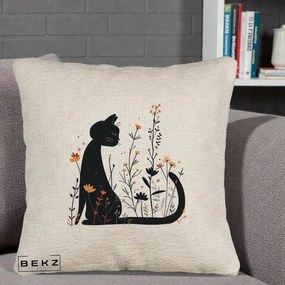 Perna Decorativa Pisica Neagra Flori Portocalii Silueta, 40x40 cm, Bej Canapea, Husa Detasabila, Perna Inclusa, BEKZ®