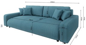 Canapea turcoaz extensibilă, cu spațiu de depozitare, cu tapițerie din catifea reiată 234 cm Sara – Ropez