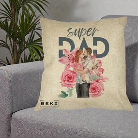 Cadou pentru Tata - Perna Personalizata Super Dad Tata cu Fetita si Flori, 40x40 cm, Crem, Husa Detasabila, Perna Inclusa, BEKZ®