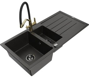 Mexen Andres Chiuvetă de granit de 1,5 compartiment cu picurător și baterie de bucătărie Duo, Neagră/Auriu metalic - 6515-75-671