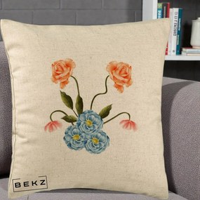 Perna Decorativa Trandafiri si Bujori Acuarela, 40x40 cm, Bej, Husa Detasabila, Perna Inclusa, BEKZ®
