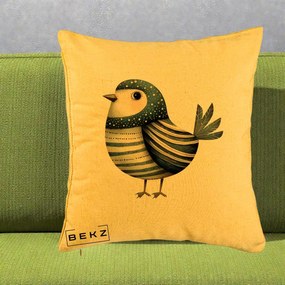 Perna Decorativa Pasare Teal Decorativa Dungata, 40x40 cm, Galben, Husa Detasabila, Perna Inclusa, BEKZ®