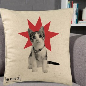 Perna Decorativa Pisica Star Pop Art, 40x40 cm, Bej, Husa Detasabila, Perna Inclusa, BEKZ®