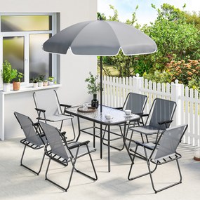 Outsunny Set de Masă de Grădină 8 Piese cu Umbrelă, Set Mobilier Grădină cu 6 Scaune Pliabile, Masă din Sticlă Temperată și Umbrelă pentru Terasă, Gri | Aosom Romania