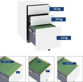 Vinsetto Fiset Metalic cu 3 Sertare și Sistem de Blocare, Mobilier de Birou pe Roti, 39x48x59cm, Design Compact, Alb | Aosom Romania