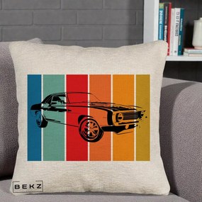 Perna Personalizata Masina Retro Muscle Car Grafic, 40x40 cm, Bej Canapea, Husa Detasabila, Perna Inclusa, BEKZ®