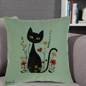 Perna Decorativa Pisica Neagra Ochi Galbeni Flori, 40x40 cm, Verde, Husa Detasabila, Perna Inclusa, BEKZ®