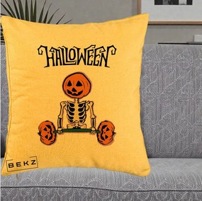 Perna Decorativa Halloween Schelet cu Cap de Dovleac Powerlifting, 40x40 cm, Galben, Husa Detasabila, Perna Inclusa, BEKZ®