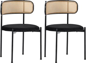 Set de 2 scaune de dining din țesătură cu efect de catifea, cu picioare din metal și spătar din ratan, 60x18x86 cm, Negru