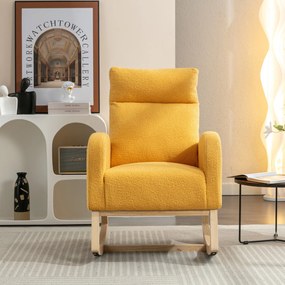 Scaun balansoar modern din material Teddy, cu șezut căptușit și buzunar lateral ascuns, pentru living și dormitor, 71x88x104,5 cm, Galben