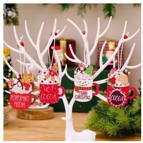 Set decoratiuni de Craciun din lemn HOT DRINKS, 12 buc