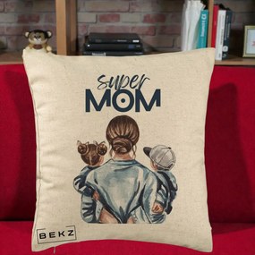 Cadou pentru Mama - Perna Personalizata Super Mom, 40x40 cm, Bej, Husa Detasabila, Perna Inclusa, BEKZ®