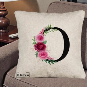 Cadou Personalizat - Perna Personalizata Monograma Florala Litera O, 40x40 cm, Bej Canapea, Husa Detasabila, Perna Inclusa, BEKZ®