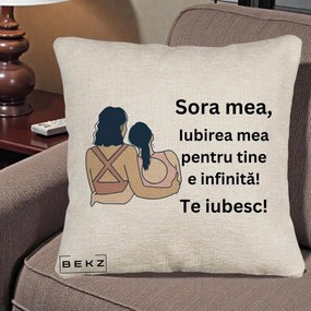 Cadou pentru Sora - Perna Personalizata Sora Mea Te Iubesc Doua Fete Fashioniste Line Art, 40x40 cm, Bej Canapea, Husa Detasabila, Perna Inclusa, BEKZ®