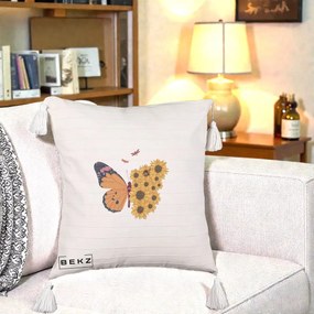 Perna Decorativa Fluture Floarea-Soarelui, 40x40 cm, Bej cu Franjuri, Husa Detasabila, Perna Inclusa, BEKZ®
