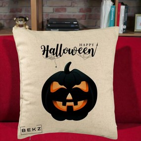 Perna Decorativa Happy Halloween Dovleac Negru cu Paianjen, 40x40 cm, Bej, Husa Detasabila, Perna Inclusa, BEKZ®