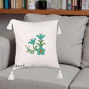 Perna Decorativa Flori Stilizate Folk Turcoaz, 40x40 cm, Bej cu Franjuri, Husa Detasabila, Perna Inclusa, BEKZ®