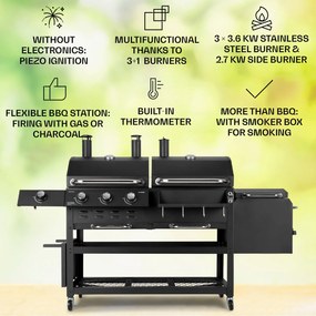 Kingsville Smoker, grătar combinat, gaz, cărbune, afumător cu cărbune, 13,5 kW, 3+1 arzătoare, negru