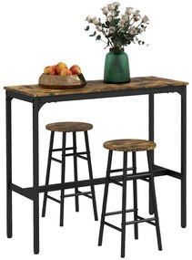 HOMCOM Set masă înaltă de bar + 2 tabureți structură din oțel blat cu aspect de lemn de acaju pentru 2 persoane negru | Aosom Romania