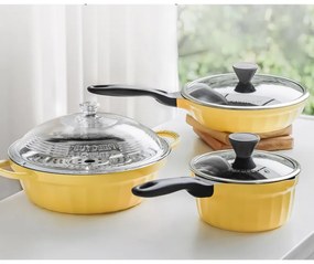 Cratita BUYDEEM CP141, 1.8 l, Capac din sticla, Aluminiu turnat, Fara PFOA, Acoperire antiaderenta, Galben