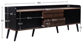 Comodă TV cu 2 sertare, uși glisante cu dungi și picioare stabile din lemn, 160x40x58 cm, Negru