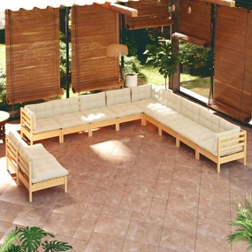 3096851 vidaXL Set mobilier grădină cu perne crem, 11 piese, lemn masiv de pin