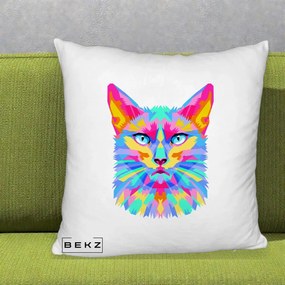 Perna Decorativa Pisica Pop Art Multicolor, 40x40 cm, Alb Pufos, Husa Detasabila, Perna Inclusa, BEKZ®