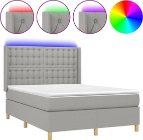 vidaXL Pat cu arcuri, saltea și LED, gri deschis, 140x190 cm, textil