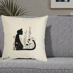 Perna Decorativa Pisica Neagra Flori Portocalii Silueta, 40x40 cm, Ecru, Husa Detasabila, Perna Inclusa, BEKZ®