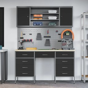vidaXL Set dulap lucru &amp; panou cârlige, 7 piese, negru, MDF &amp; metal
