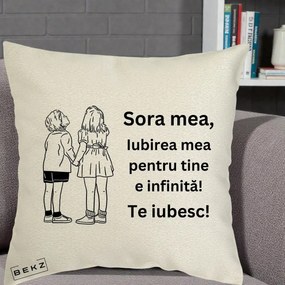 Cadou pentru Sora - Perna Personalizata Sora Mea Te Iubesc Copii Tinand Maini Line Art, 40x40 cm, Ecru, Husa Detasabila, Perna Inclusa, BEKZ®