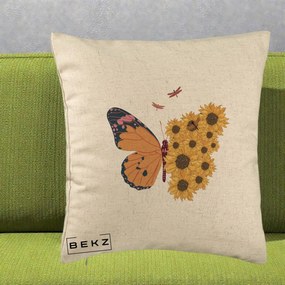 Perna Decorativa Fluture Floarea-Soarelui, 40x40 cm, Bej, Husa Detasabila, Perna Inclusa, BEKZ®
