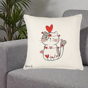 Perna Decorativa Pisica Kawaii cu Inimi, 40x40 cm, Crem Reliefat, Husa Detasabila, Perna Inclusa, BEKZ®