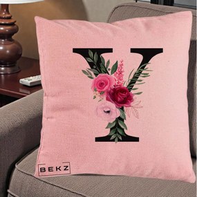 Cadou Personalizat - Perna Personalizata Monograma Florala Litera Y cu Buchet, 40x40 cm, Roz, Husa Detasabila, Perna Inclusa, BEKZ®