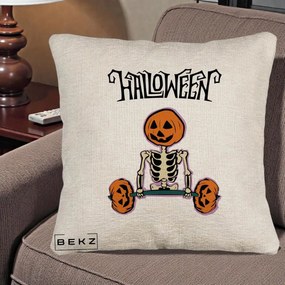 Perna Decorativa Halloween Schelet cu Cap de Dovleac Powerlifting, 40x40 cm, Bej Canapea, Husa Detasabila, Perna Inclusa, BEKZ®