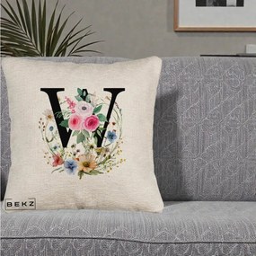 Cadou Personalizat - Perna Personalizata Monograma Florala Litera W, 40x40 cm, Bej Canapea, Husa Detasabila, Perna Inclusa, BEKZ®