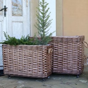 Set 2 coșuri decorative dreptunghiulare lucrate manual din ratan împletit, cu roți, 55x82x48 cm, „Vannerie"
