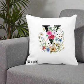 Cadou Personalizat - Perna Personalizata Monograma Florala Litera V cu Coroana, 40x40 cm, Alba Mata, Husa Detasabila, Perna Inclusa, BEKZ®