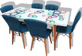 Set masa extensibila picioare lemn, blat sticla securizata +6 scaune tapitate Fusion Homs albastru 80x 170 cm