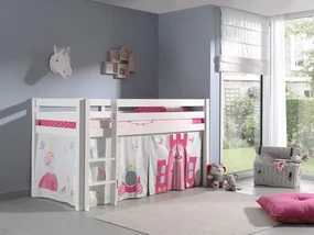 Pat etajat din lemn de pin, cu spatiu de joaca pentru copii Pino Princess Alb, 200 x 90 cm