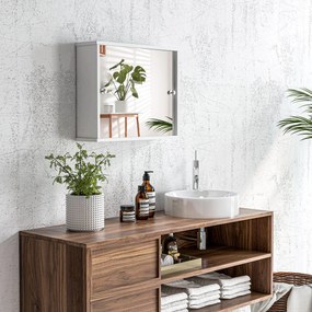 kleankin Dulap cu Oglindă de Perete cu Poliță Reglabilă și Ușă Glisantă Dublă pentru Lavoar 55x15x45 cm Alb Lucios | Aosom Romania