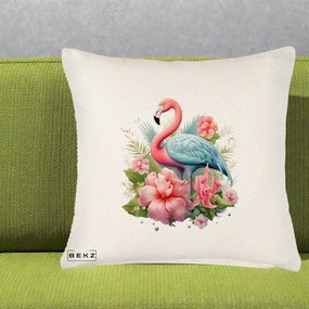 Perna Decorativa Flamingo cu Hibiscus Tropical, 40x40 cm, Crem Reliefat, Husa Detasabila, Perna Inclusa, BEKZ®