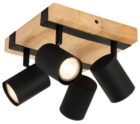 Plafoniera neagră cu lemn 4 lumini reglabile dreptunghiulare - Jeana