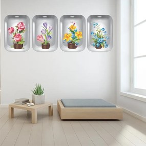 Sticker decorativ Flowers 3D ghiveci cu flori 4 buc/set 140x43cm