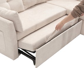 Canapea modulară în formă de L din catifea, canapea extensibilă rabatabilă convertibilă, cu spații de depozitare în scaune, Bej